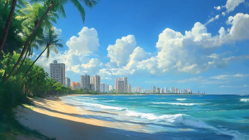 Tropical Coastline Symphony: Where Palm Shadows Dance on Golden Sands.