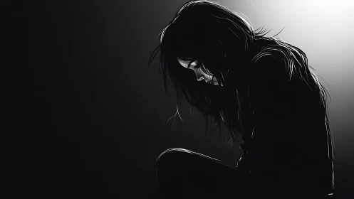 Solitary woman silhouette sits bowed in stark side light