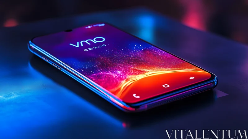 Bezel-less smartphone glows on reflective surface in neon light