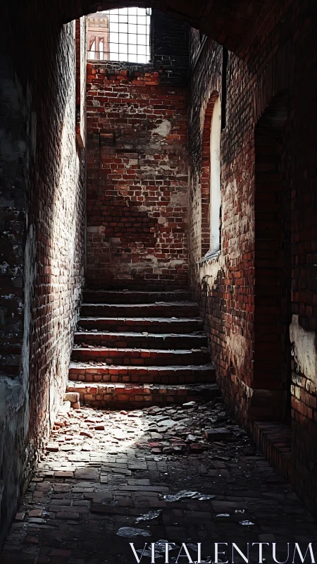 Sunlit brick stairway in narrow abandoned alleyway.