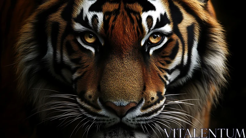 Intensity in amber eyes of a tiger in dramatic close-up.