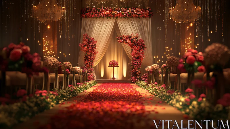 Rose-filled indoor wedding aisle with lit floral arch.