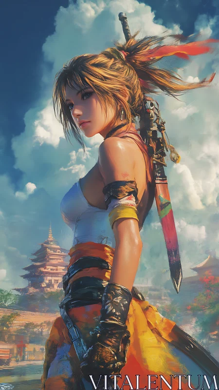 Sword-bearing warrior gazes over sunlit temple cityscape