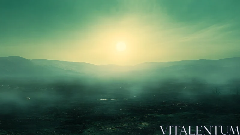 Silent green sunrise unfolds over misty valley plains