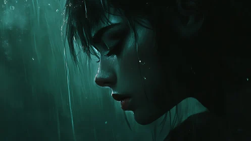 Rain-drenched profile of pensive girl in teal shadows.