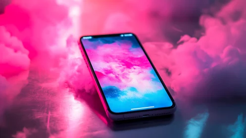 Dreamy neon smartphone glowing in soft pink and blue light.