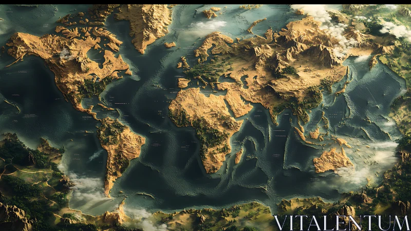 Cinematic world map rendered as sculpted 3D continents.