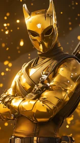 Golden armored vigilante stands poised in glowing embers.