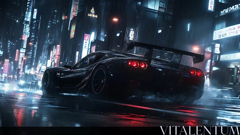 Nightstorm racer idles beneath neon-soaked city rain.