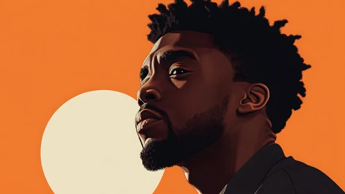 Stylized male portrait against bold orange sun backdrop.