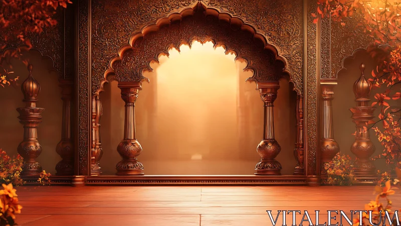 Ornate sunset archway in warm golden palace interior.