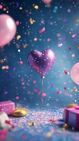 Purple Heart-Shaped Balloon Suspended in Festive Particle Environment