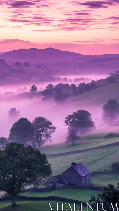 Misty violet sunrise over rolling hills and stone cottage.