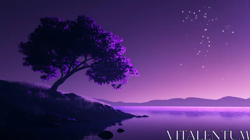 Twilight shoreline tree under violet starlit gradient sky.
