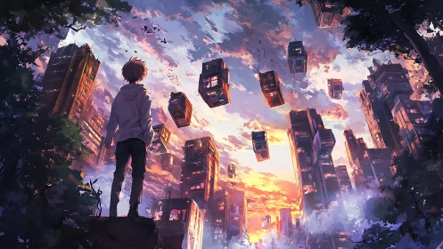 Boy watches floating city blocks over glowing sunset sky
