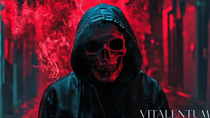 Hooded skull figure in red smoke filled urban alleyway.