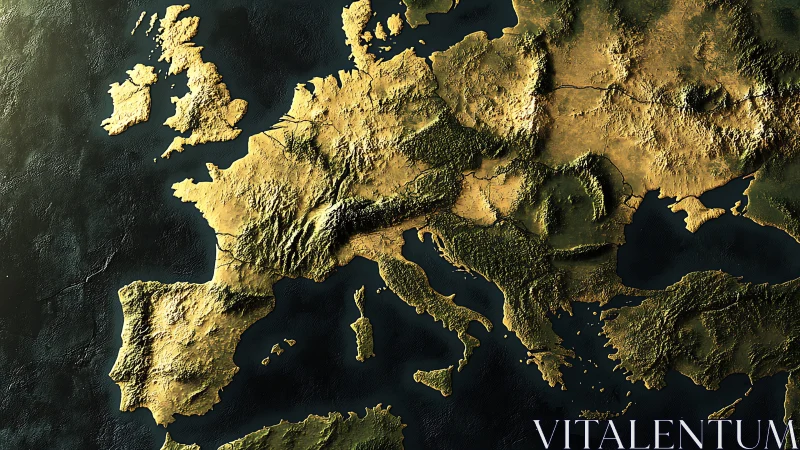 Elevated relief rendering of European continental landmass.