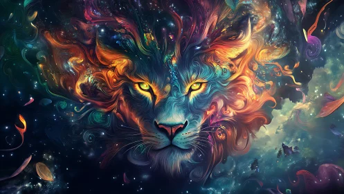 Cosmic lion portrait glows within swirling nebula colors