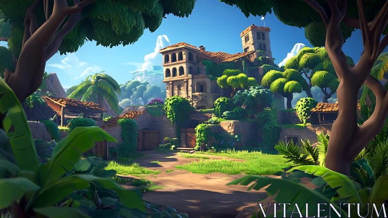 Sunlit jungle stronghold surrounds weathered stone fortress.