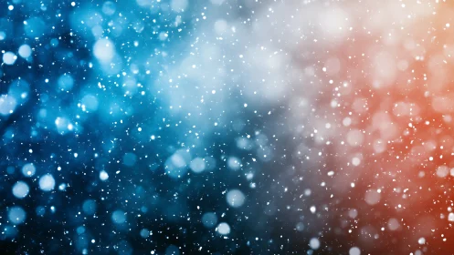 Bokeh snow particle field over dual-temperature gradient backdrop.