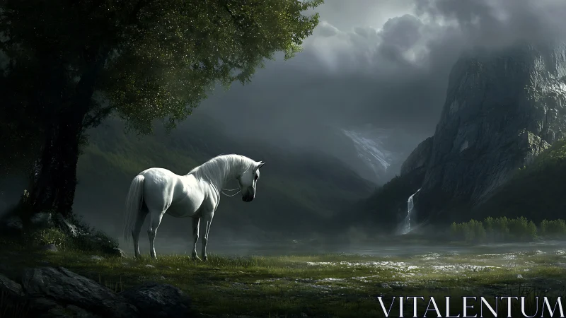 White horse pauses beneath stormlit cliffs and waterfall.