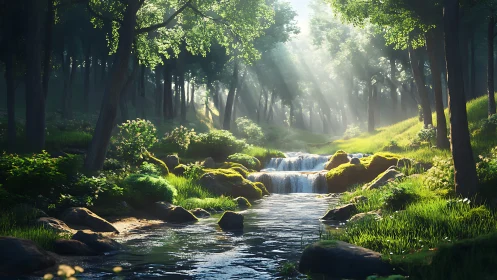 Forest stream with canopy light filtering through trees.