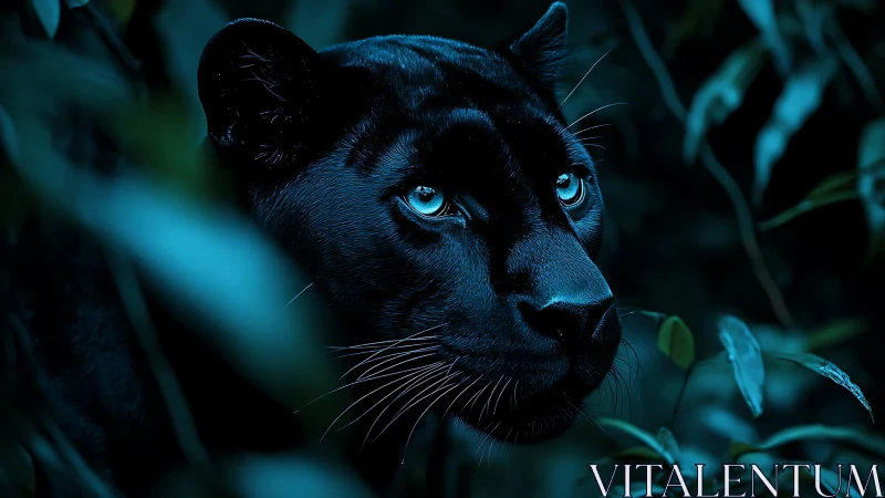 Black Panther Portrait in Darkness with Glowing Blue Eyes