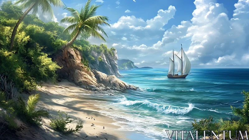 Tropical Cove with Sailing Vessel and Coastal Cliffs