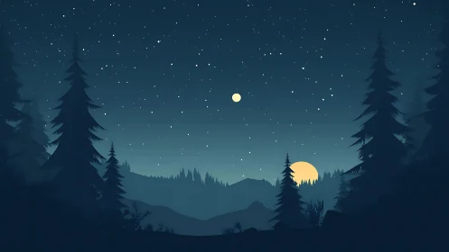 Moonlit Forest Valley with Stars and Pine Trees.