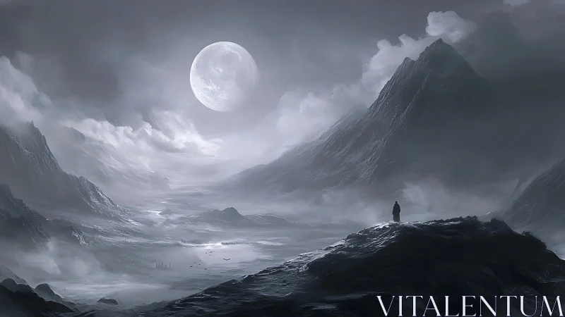 Solitary figure beneath full moon in misted mountain basin.