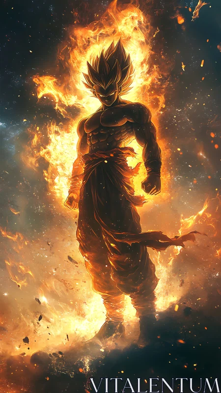 Fiery anime warrior stands engulfed in blazing cosmic aura.