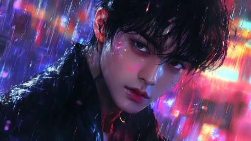 Neon-soaked cyberpunk portrait with rain-streaked chroma lighting.
