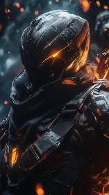 Futuristic armored warrior glowing with ember bright energy.