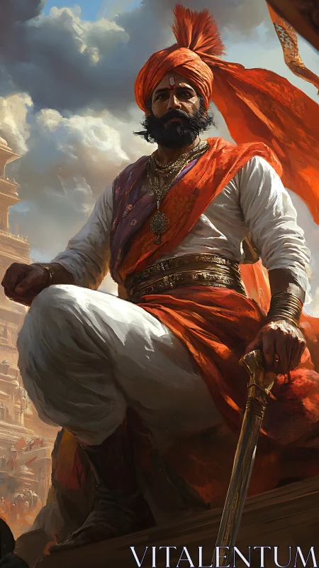 Majestic warrior prince in saffron robes under stormy skies.