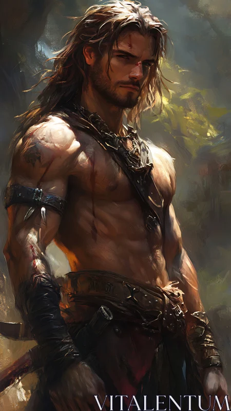 Warrior in sunlit forest pausing with quiet, rugged strength.