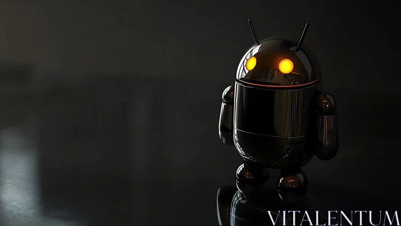 Glossy black android robot stands on reflective dark surface