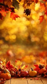 Photoreal autumn harvest still life with shallow depth of field.