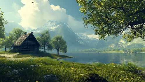 Lakeside cabin under towering alpine mountains at dawn.