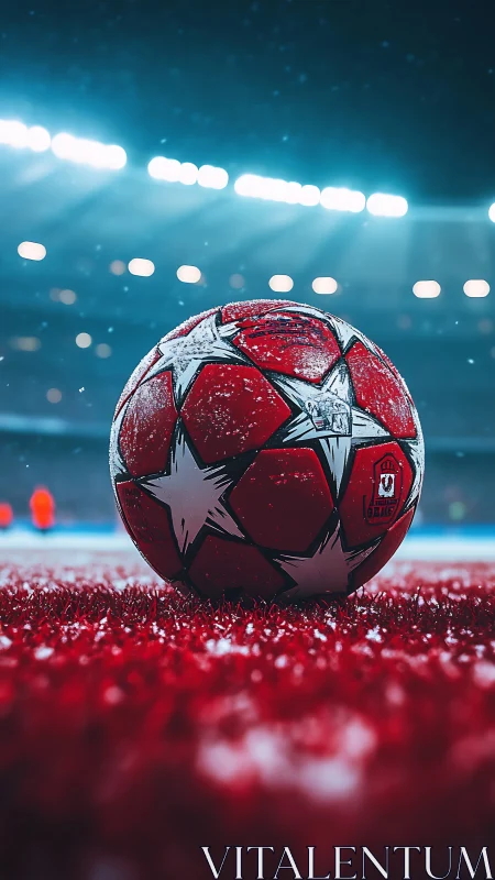 Star-struck red football waiting under electric stadium skies.