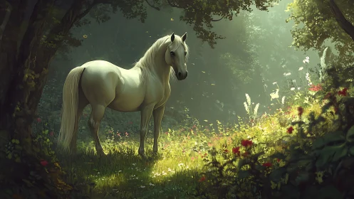Backlit white horse in volumetric forest clearing with soft bloom