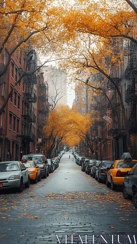 Autumn-lined city street glows beneath golden tree canopy.