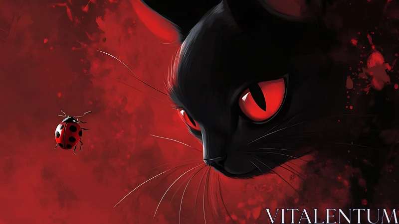 Black cat with red eyes closely observes a flying ladybug