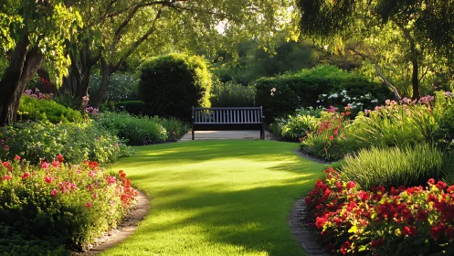 Sunlit garden path curving toward a quiet storybook bench.