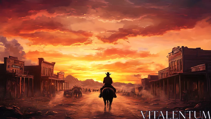 Lone cowboy rides through dust-lit frontier street at sunset