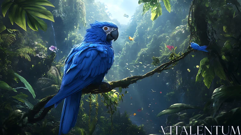 Vivid blue macaw rests in a misty enchanted rainforest