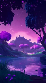 Violet fantasy valley with reflective river at dusk.