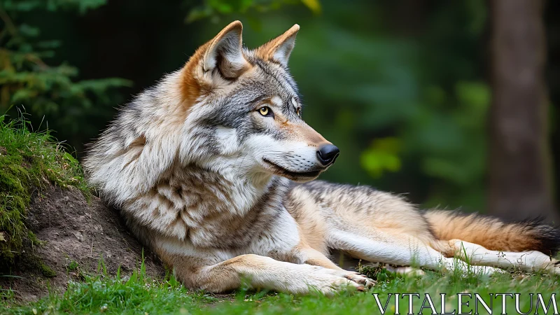 Resting gray wolf on forest floor in soft natural light.