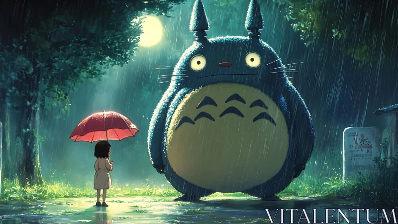 Moonlit rain welcomes a gentle forest giant and young friend