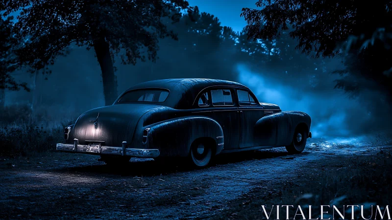 Vintage sedan under cinematic blue nocturnal backlight.