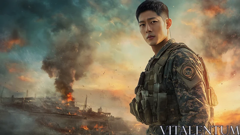 Photorealistic war portrait with burning coastal battlefield backdrop.